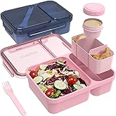 Caperci 2 Pack Salad Container for Lunch - 62 oz Large Bento Lunch Box for Adults, 2-Compartment Meal Prep Container with Removable Toppings Tray, Sauce Cup, Reusable Fork, BPA-Free (Navy & Pink)