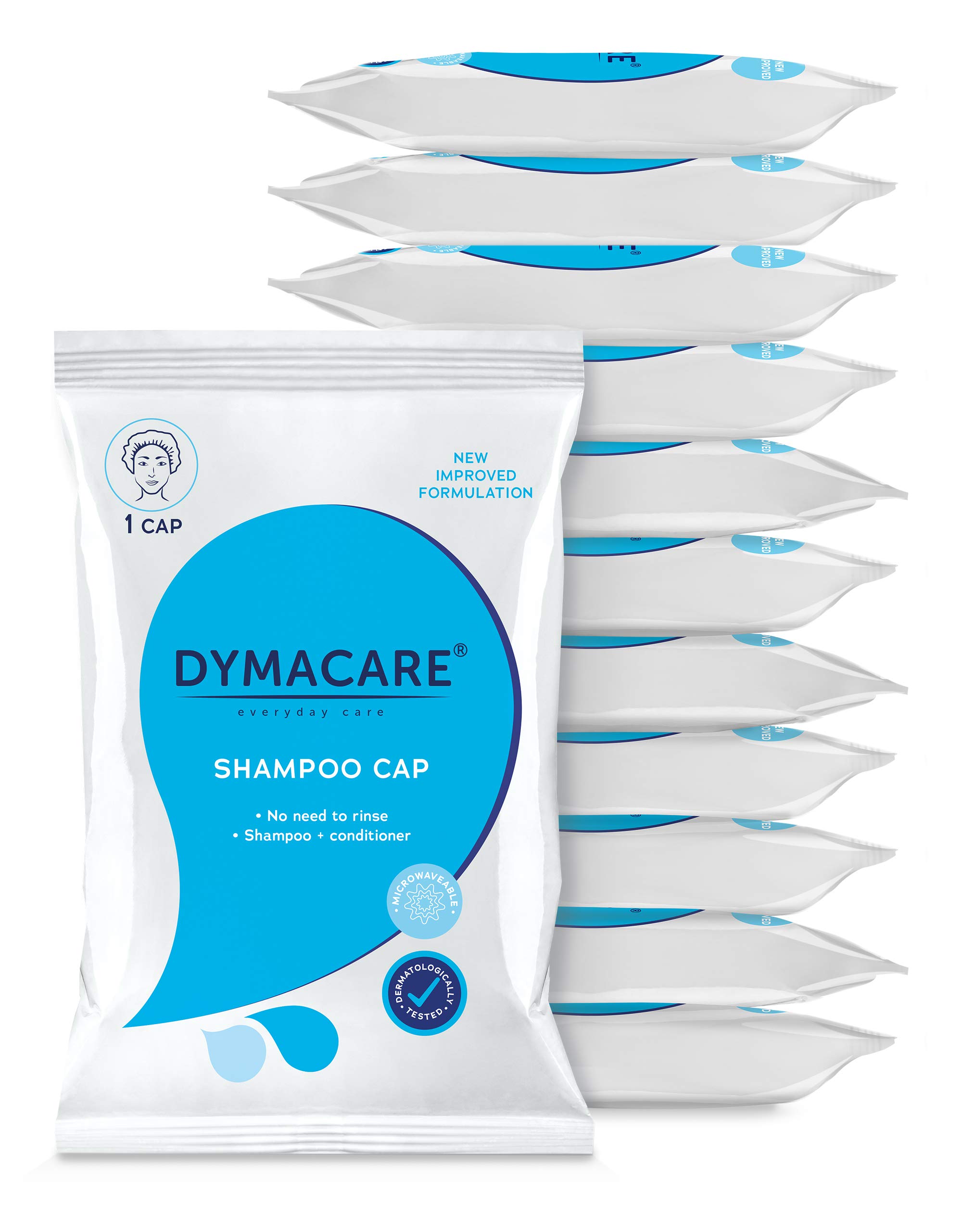 DYMACARE No Rinse Shampoo Cap | Rinse Free Shower Cap that Shampoos & Conditions | pH Balanced, Microwaveable, No Rinse Waterless Hair Wash | 12 Caps