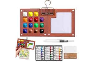 Mini Watercolour Travel Set, Travel Watercolor Set with 24 Colors, Portable Mini Painting Kit with Walnut Wooden Paint Palett