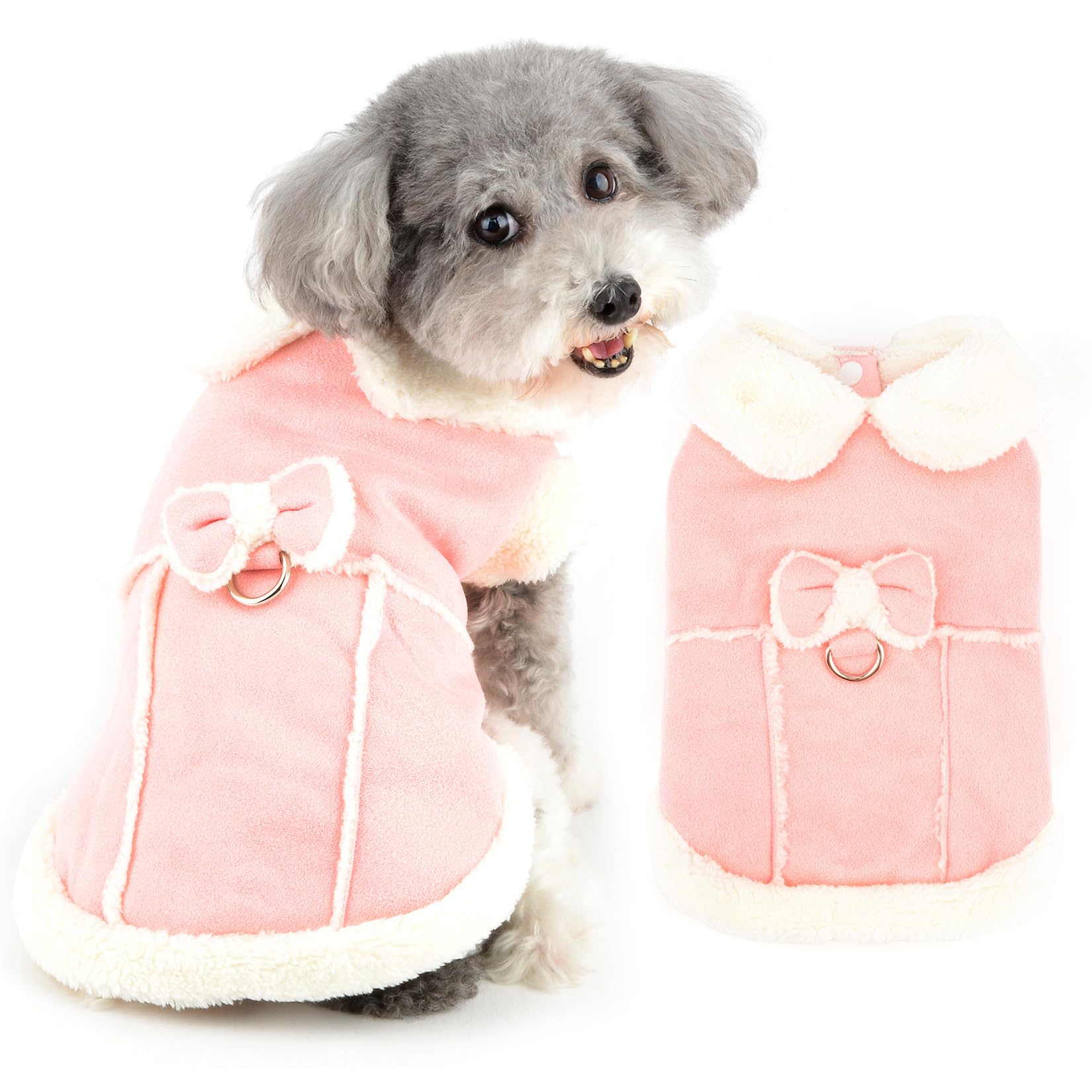Ranphy Faux Suede Small Dog Coat, Cold Weather Warm Puppy Jacket with Bowknot and D-ring Fuzzy Collar Girls Winter Clothes Fleece Lined Pet Vest Chihuahua Yorkie Cat Apparel,Pink,L