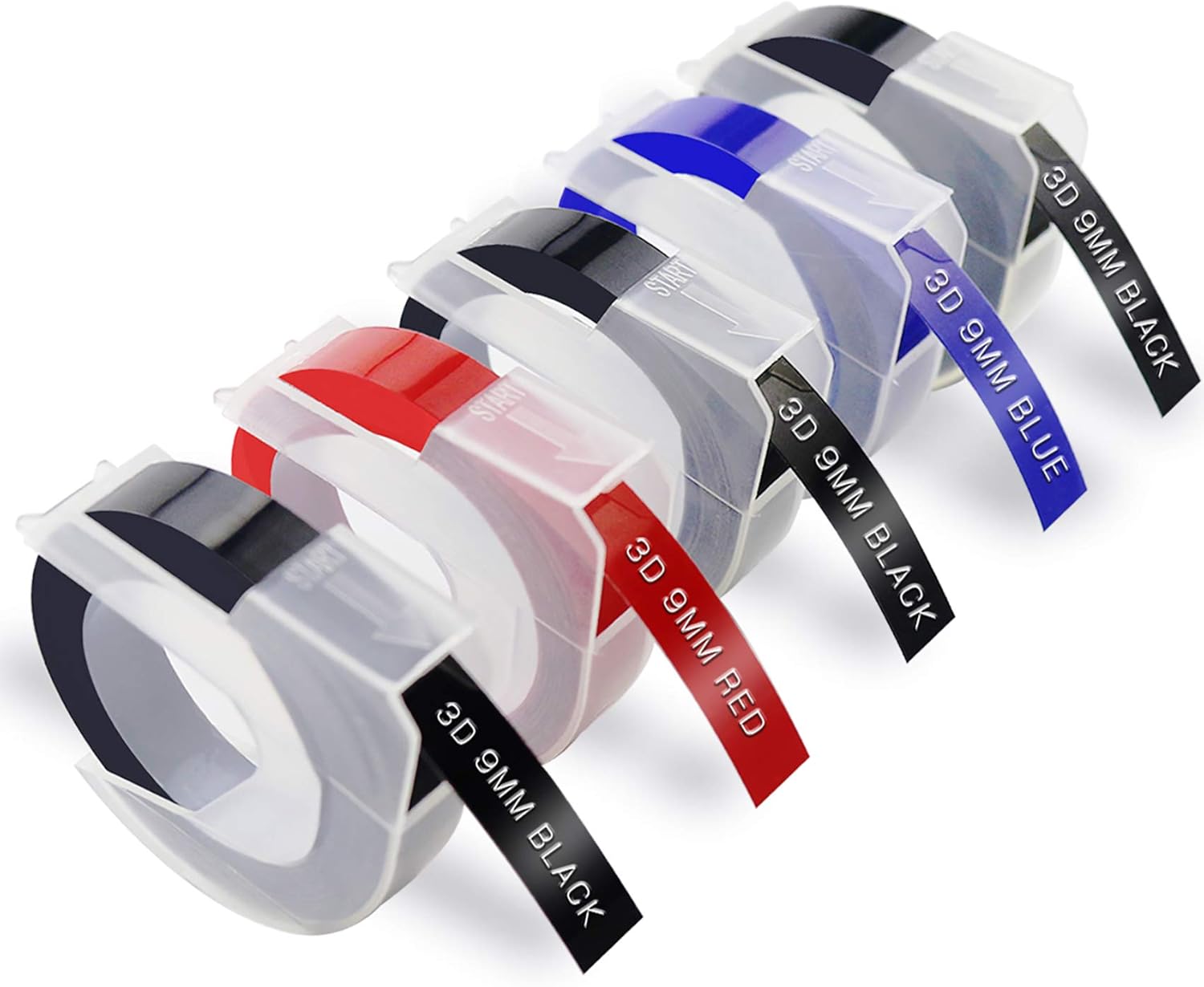 3/8 Embossing Label Tape Compatible Replacement for Dymo 9mm 3D Plastic Labels White on Black/Red/Blue Self-Adhesive for Dymo Label Maker Organizer Xpress Pro 12965 Office-Mate II 1540, 5-Pack