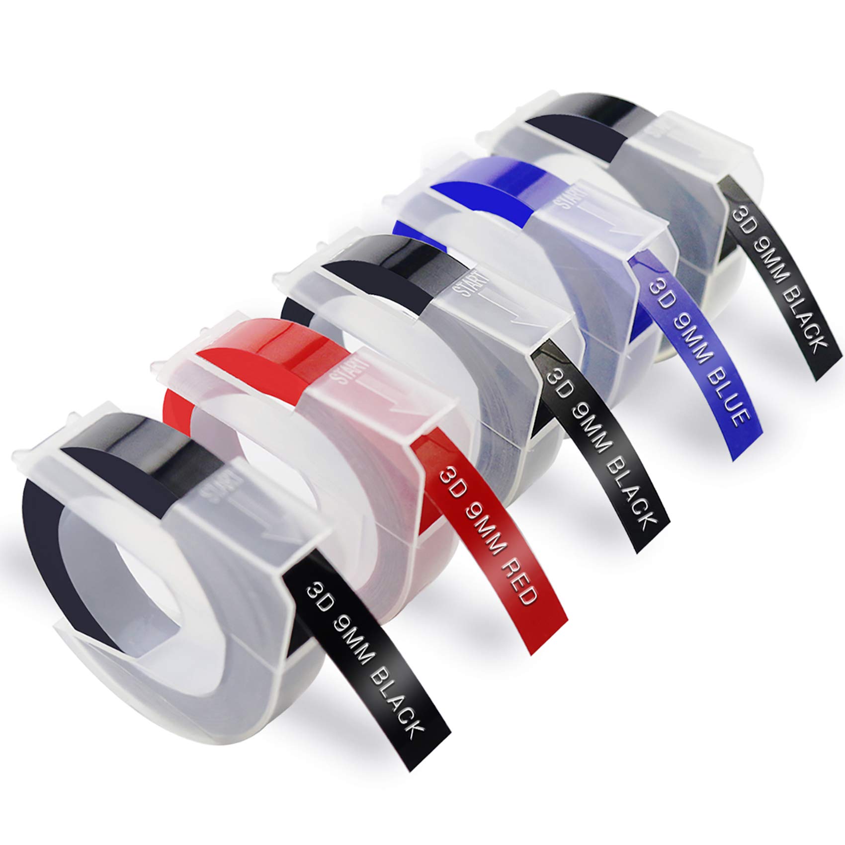 5 Rolls Replacment for Embossing Label Tape 3D S0898130 9mm Plastic Tape Self-Adhesive Compatible with Omega Junior Motex Label Maker, Black Red Blue