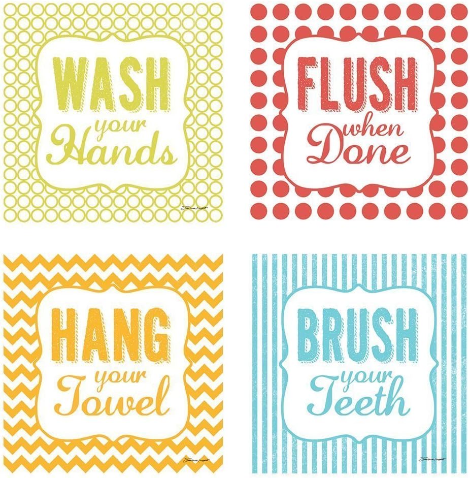 Gango Home Decor Hang Your Towel', Flush When Done,' 'Brush Your Teeth' and 'Wash Your Hands'; Perfect for Any Kid's Bathroom; Four 8x8in Mounted Prints