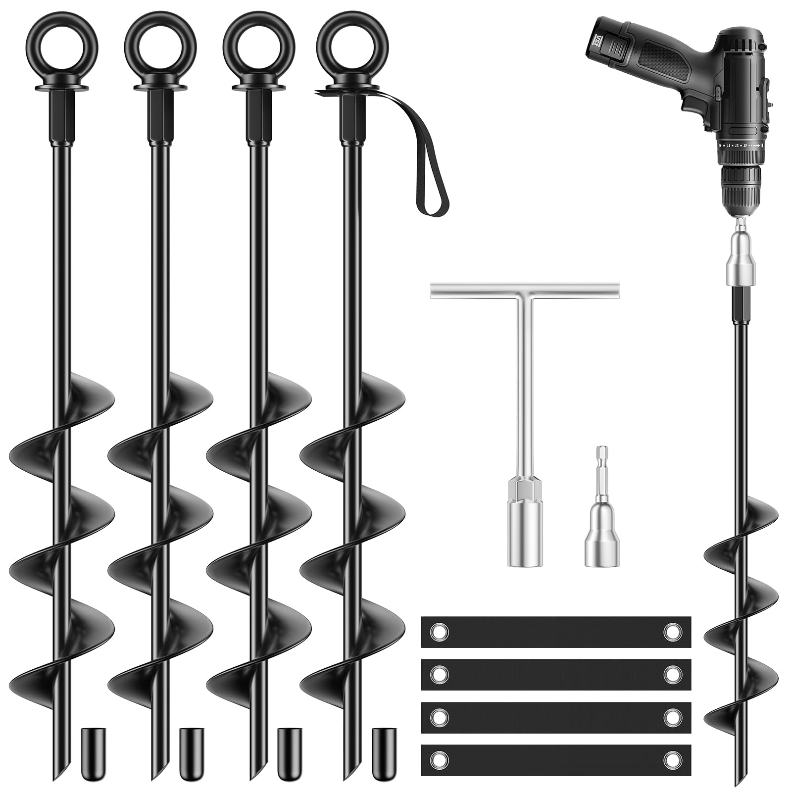 Photo 1 of 18 Inch Ground Anchors 4 Packs Heavy Duty Fully Welded Trampoline Stakes Screw in Anchors for Swing Set High Wind Tent Hurricane Carport, Shed,Mobile Home