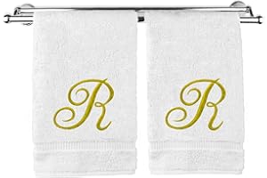 BC BARE COTTON Monogrammed Hand Towel, Personalized Gift, 16 x 30 Inches - Set of 2 - Gold Embroidered Towel - Extra Absorbent 100% Turkish Cotton- Soft Terry Finish - for Bathroom, Kitchen and Spa- Script R White