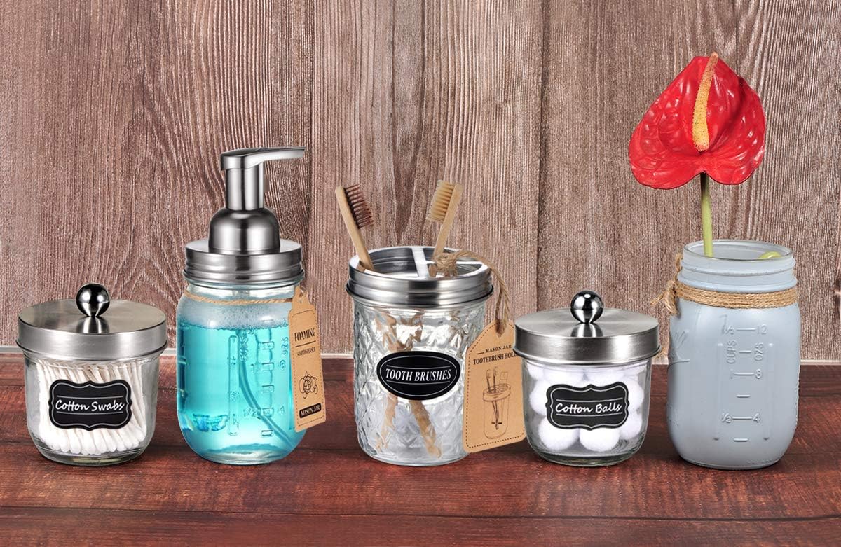Mason Jar Bathroom Accessories Set(4 Pack) - Foaming Soap Dispenser&Qtip Holder Set&Toothbrush Holder-Rustic Farmhouse Decor Bathroom Organizer Apothecary Jar Country Countertop (Brushed Nickel): Home & Kitchen