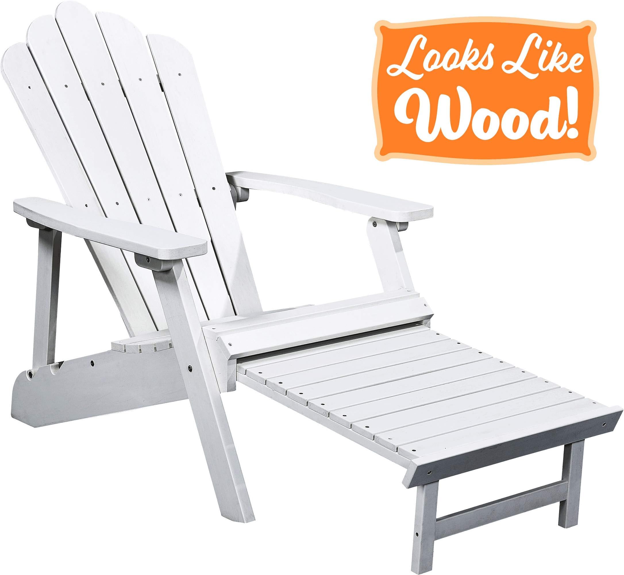 PolyTEAK Deluxe Oversized Reclining Poly Adirondack Chair with Pullout Ottoman, Powder White | Adult-Size, Weather Resistant, Made from Special Formulated Poly Lumber Plastic