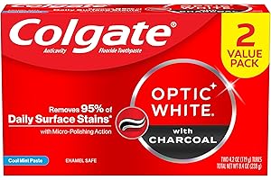 Colgate Optic White Whitening Toothpaste with Charcoal, Whitening with Charcoal Toothpaste Pack, Removes Daily Surface Stains, Enamel-Safe for Daily Use, Vegan, Cool Mint Paste, 2 Pack, 4.2 oz
