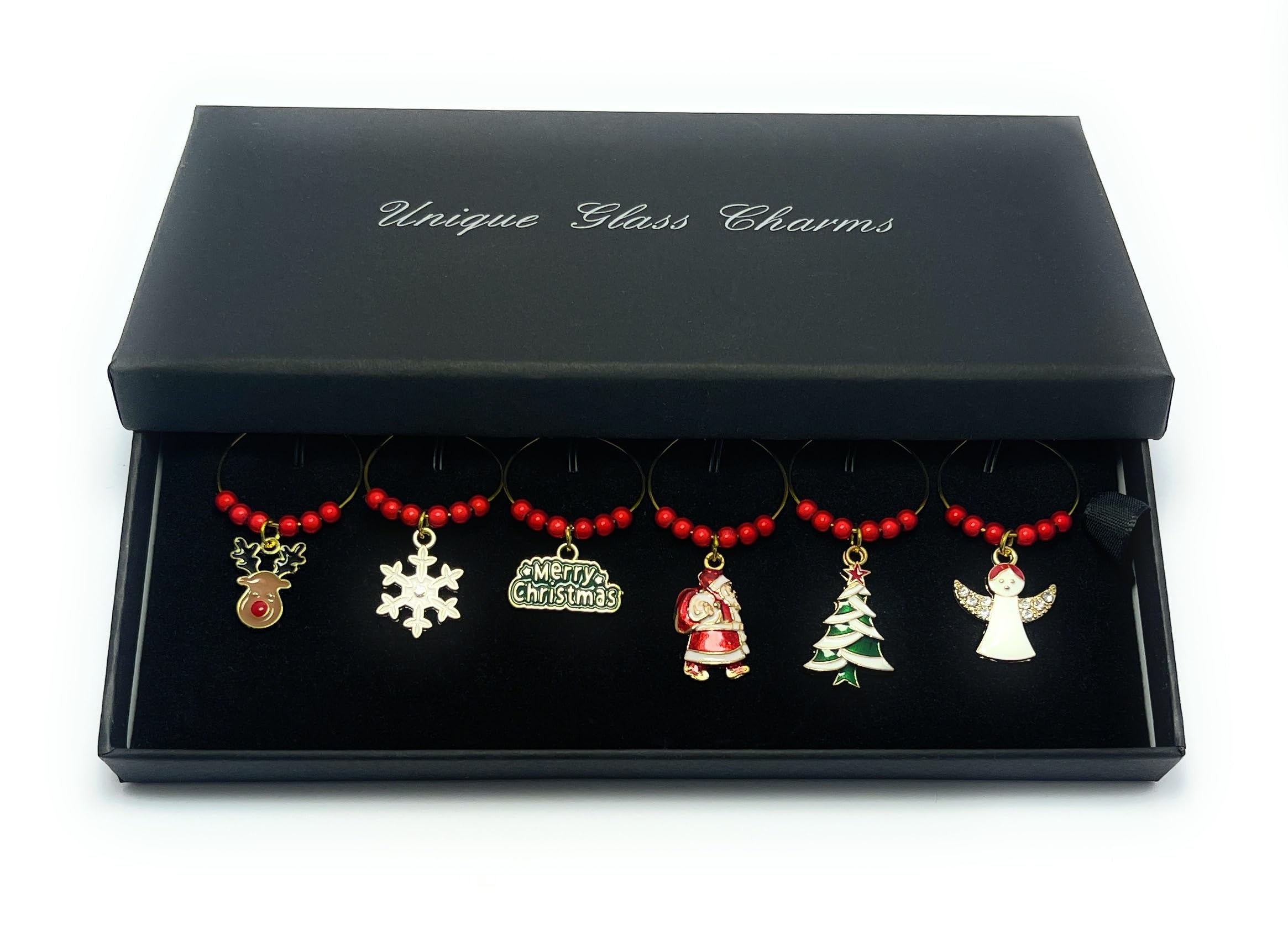 Libby's Market Place Set of 6 Christmas Design Wine Glass Charms with Gift Box