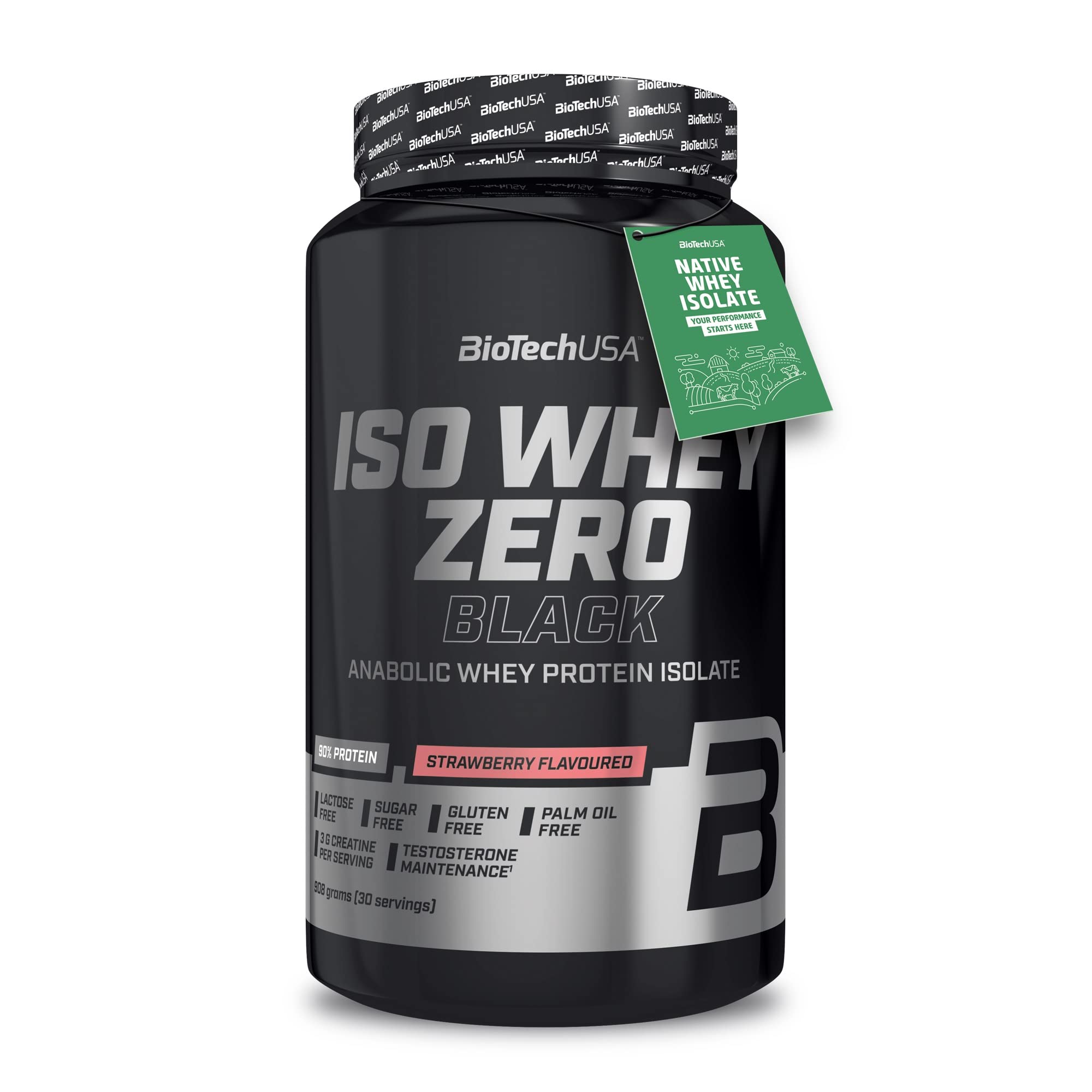 BioTechUSA Iso Whey Zero Black Flavoured Protein Powder Drink with 90% of Protein, Added creatine, Amino acids and zinc chelate, with Vitamin B3, 908 g, Strawberry
