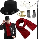 Mepase 6 Pcs Men's Costume Accessories Include Top Hat Fake Beard Red Scarf Gold Glasses Silver Walking Cane Candle Holder for Halloween Christmas Cosplay Party