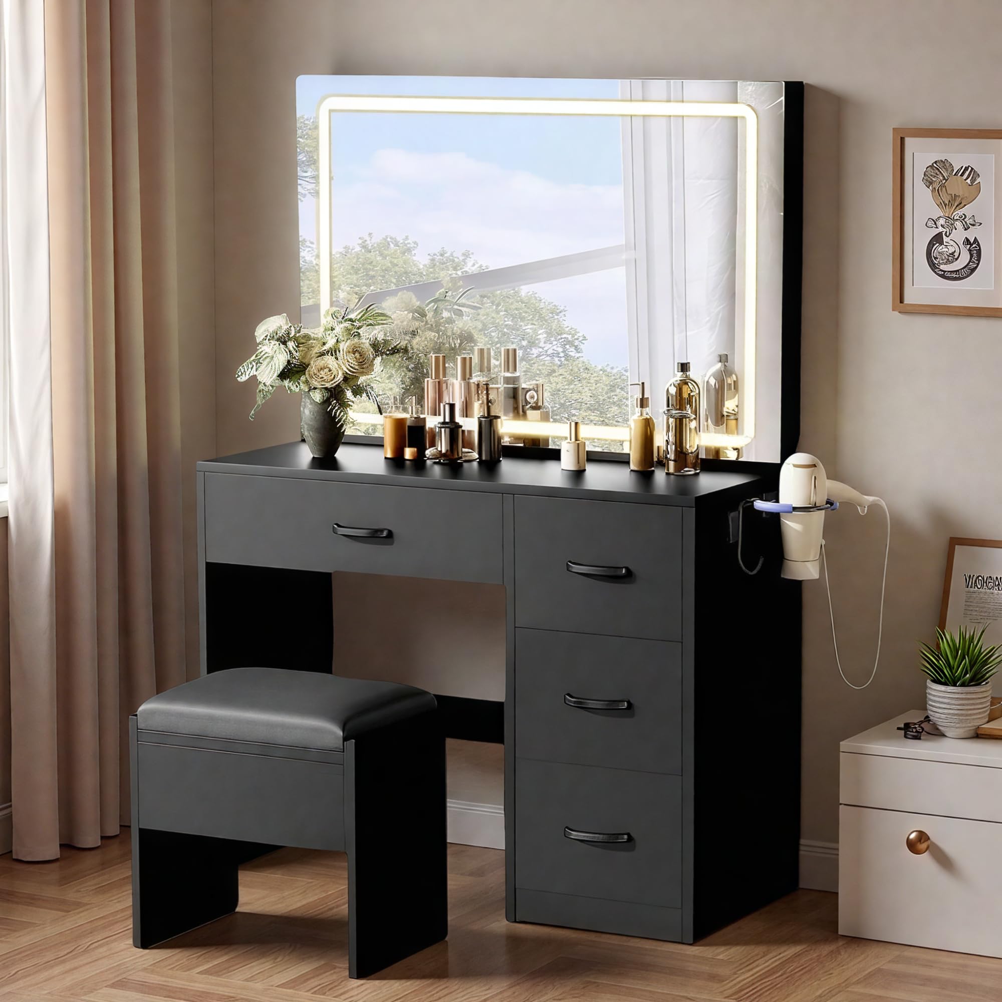 Photo 1 of YITAHOME Makeup Vanity Desk with LED Lights: 35" Large Mirror with Power Outlets, 4 Drawers & Stool, Adjustable Lighting Dressing Table for Women Black