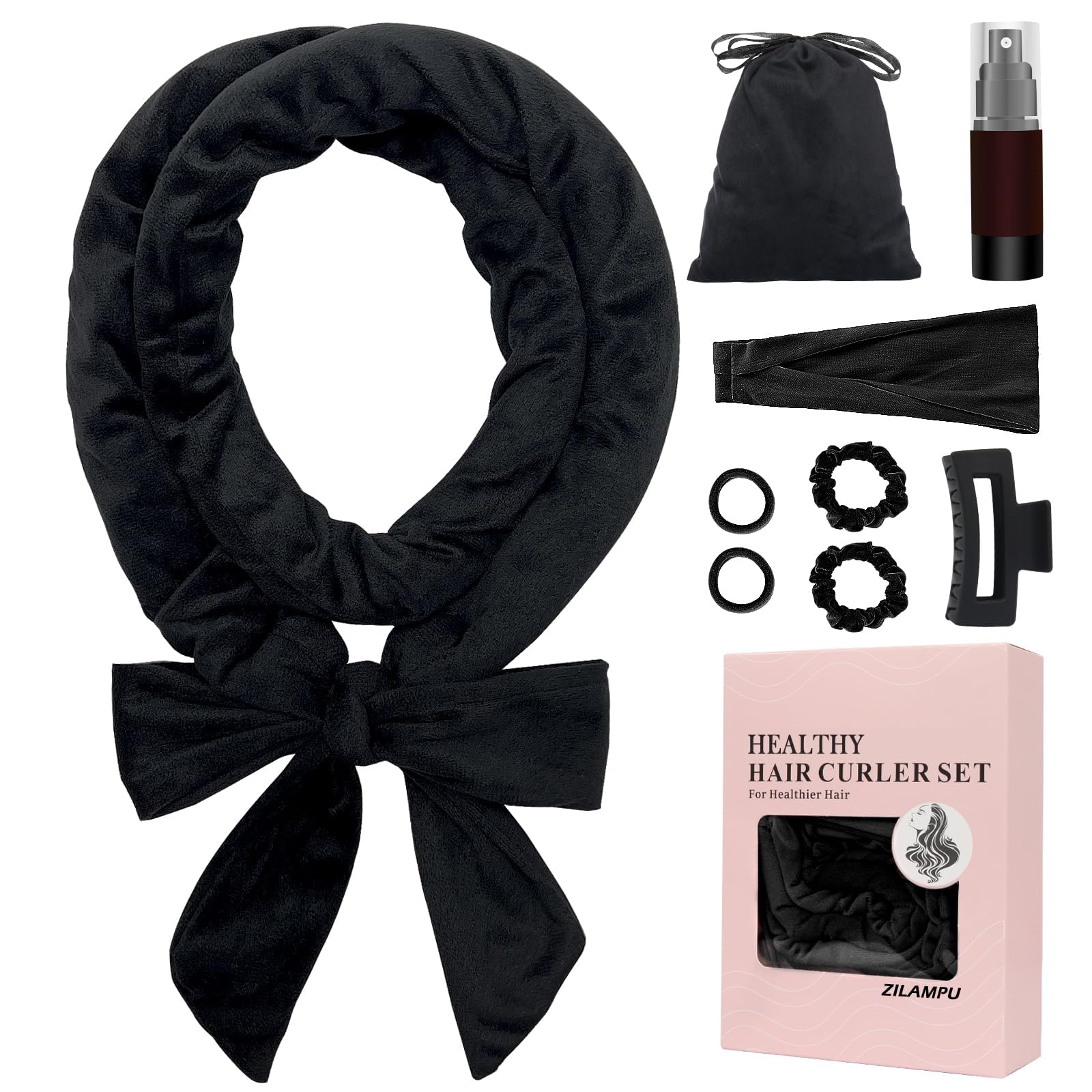 Photo 1 of ZILAMPU No Heat Curling Rod Headband, Overnight Velour Hair Curls Roller Wrap for Women with Long Hair - Black