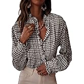 Astylish Womens Plaid Ruffle V Neck Button Down Blouse Casual Long Sleeve Gingham Trendy Tops Work Checkered Shirt