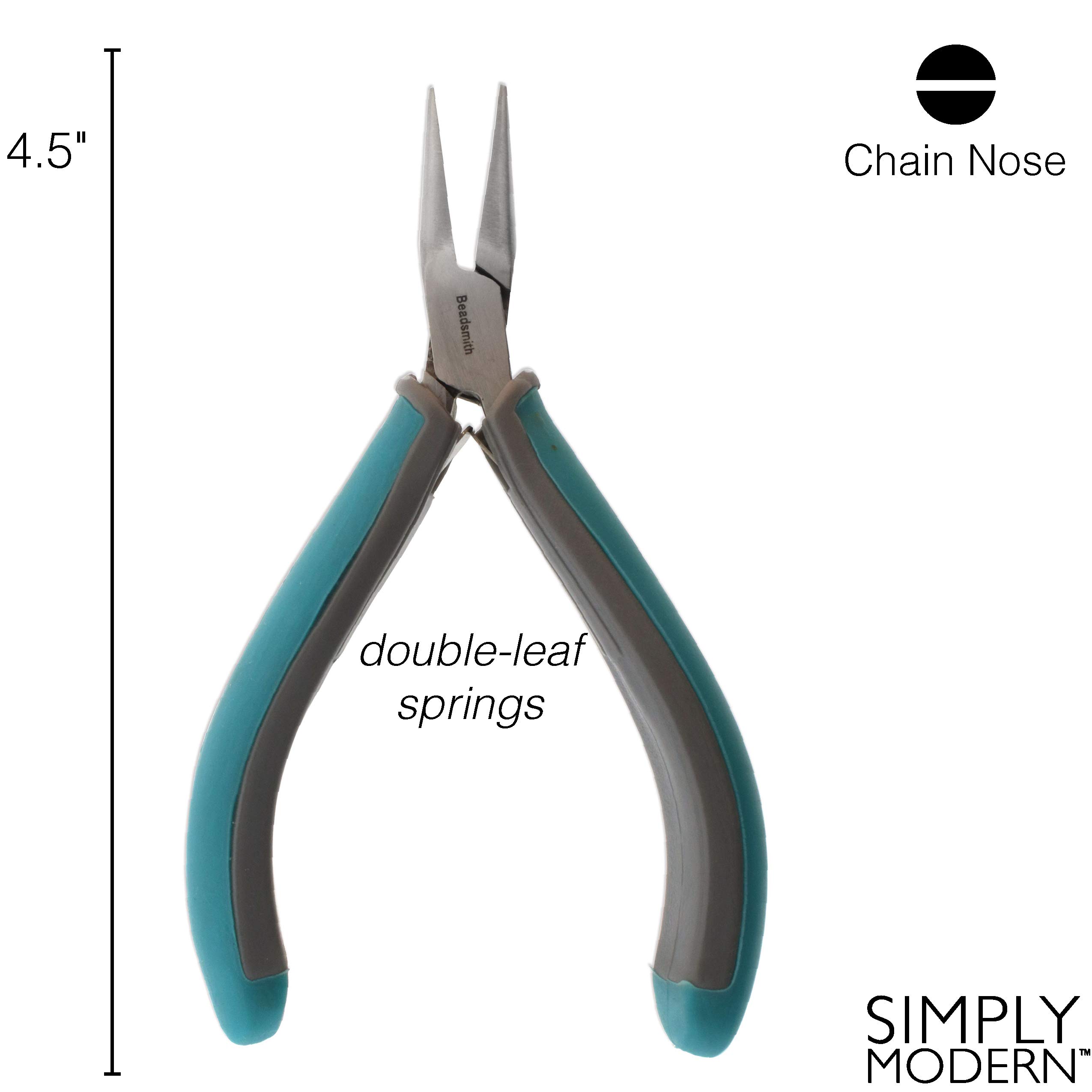 The Beadsmith Simply Modern Chain Nose Pliers, 4.5 inches (114mm) with polished steel head, PVC grip handles and double-leaf springs, tool for jewelry making