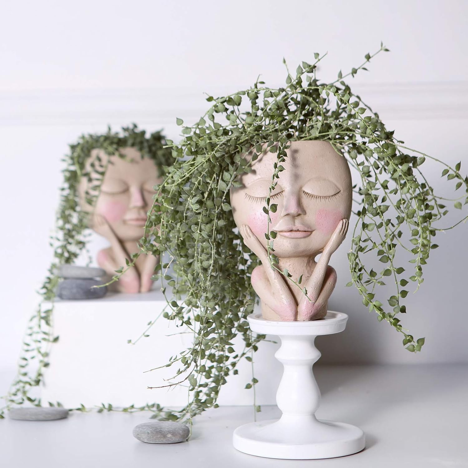 AIMEBBY Face Flower Pot Head Planter Pot Succulent Planter Cute Resin Cactus Planter with Drainage Hole Closed Eyes : Kitchen & Dining
