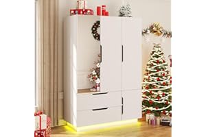 Hlivelood 3 Doors Armoire Wardrobe Closet with Mirror,2 Large Drawers, LED Light Wood Wardrobe Closet, Armoire with Hanging Rod for Bedroom, White
