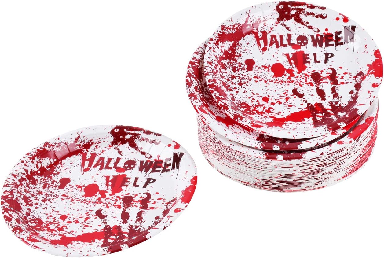 Bloody Handprint Halloween Paper Plates Set Serve 25 Spooky Party Decoration Disposable Plates Napkins Cups Rectangular Tablecloth and Happy Halloween Banner: Health & Personal Care