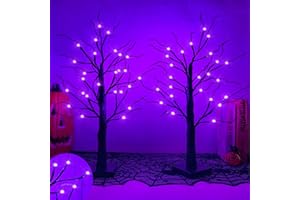TURNMEON 2 Pack 24 Inch Purple Lighted Halloween Birches Tree Decor with Timer Total 48 LED Battery Operated Tabletop Artificial Black Spooky Tree Halloween Decorations for Indoor Home Holiday Party