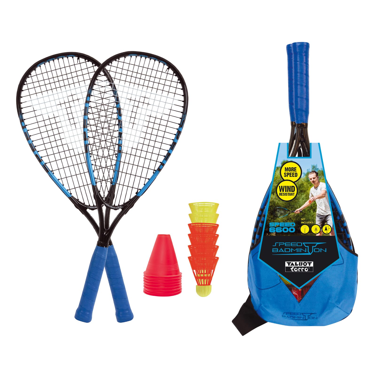 Talbot-Torro Speed 6600 Speed Badminton Set, 2 Powerful Alu-Rackets 58,5 cm, 6 Wind Resistant Shuttles, Courtmarking Cones, in a Trendy Backpack, Cyan Blue/Black, 490116