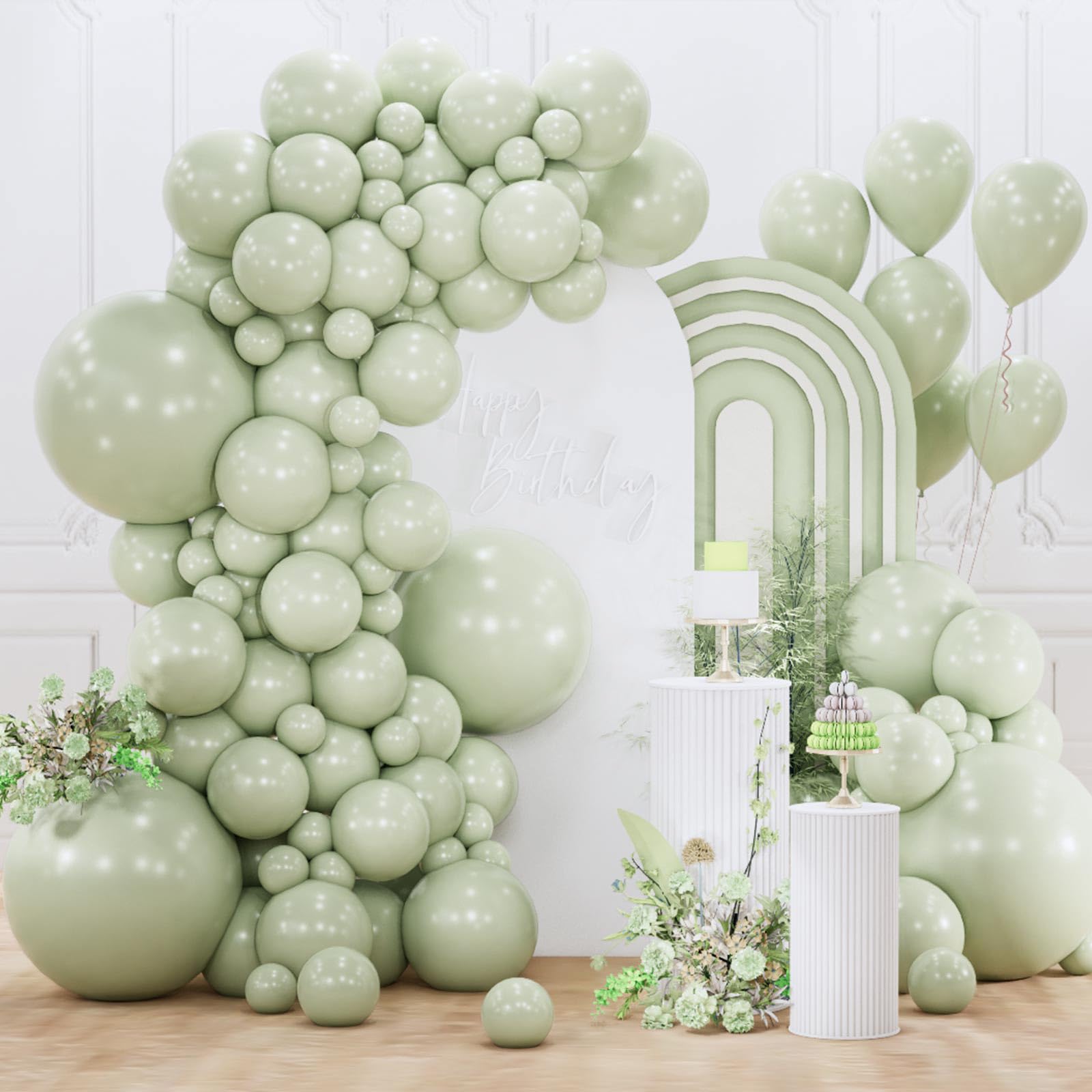 PartyWoo Sage Green Balloons 152pcs Dusty Boho Green Color 18 12 10 5 Inch