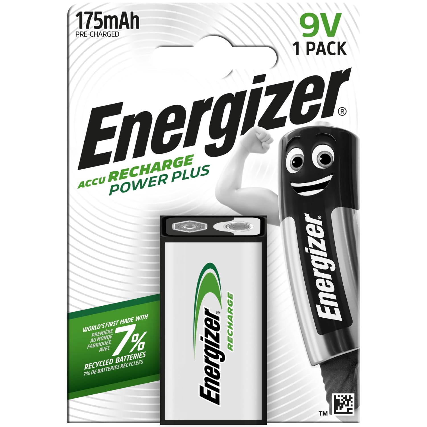 Energizer Recharge Power Plus - Rechargeable 9V Battery (1 Pack) - 175 mAh NiMH - Fire Alarms, Smoke Detectors, Radios, Toys - 100% Recyclable Plastic Free Packaging — image 1