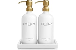 Luxury Glass Hand and Dish Soap Dispenser Set by Brighter Barns - Kitchen Soap Dispenser Set with Tray for Kitchen Sink - White and Gold Home Accessories & Decor for Restaurants, Airbnb, Gift (Gold)
