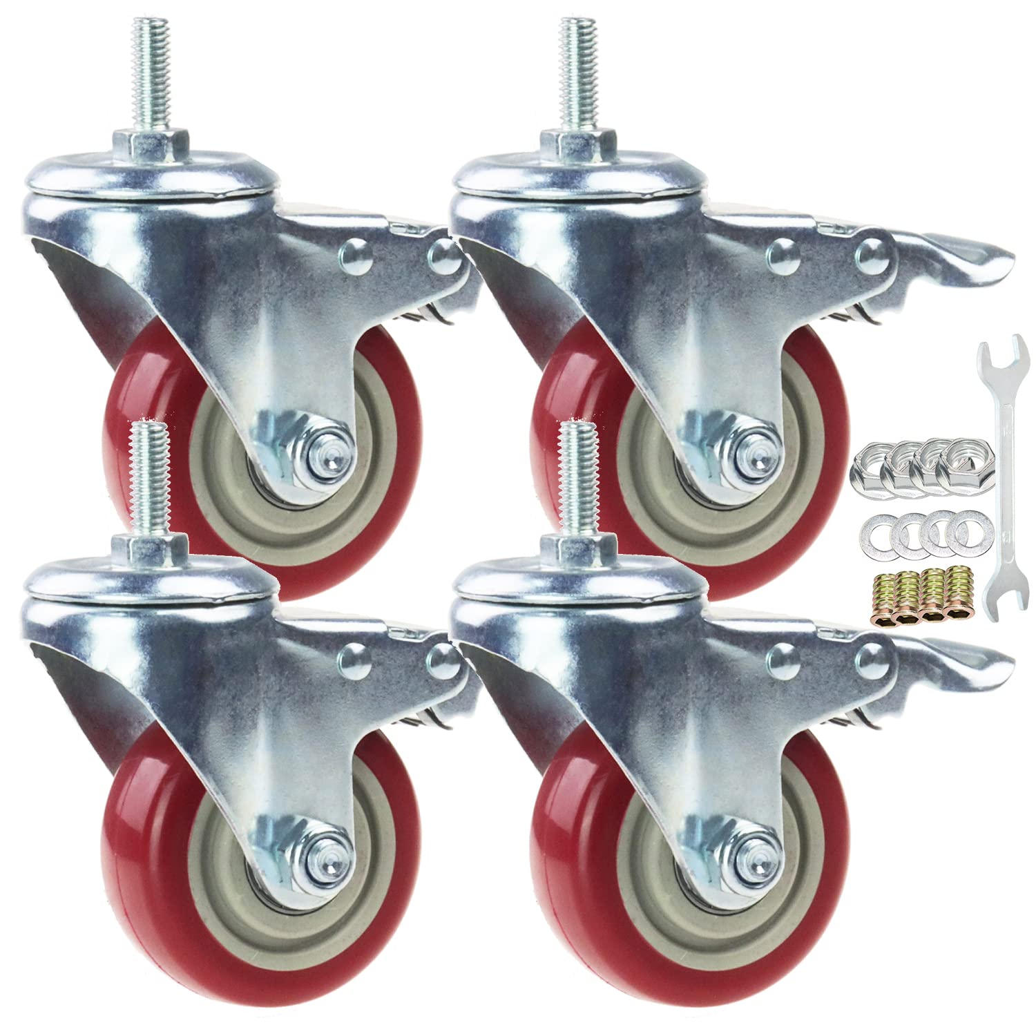 Photo 1 of Swivel Stem Casters, Heavy Duty Double-Locking Castors with Red PU Wheels Quiet and No Marking with Metric Thread Rods M10-1.5x25mm 800-1000lb Load Capacity Pack of 4 (3 Inch)