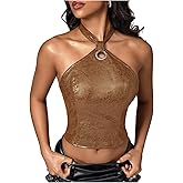 Verdusa Women's Y2K Lace Up Backless Leather Halter Top Rave Club Going Out Tops