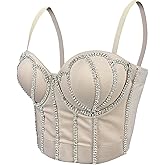 VEENDEO Women's Handmade Rhinestone Diamond Push up Bustier Crop Top Punk Corset Bra Vest With Detachable Strap