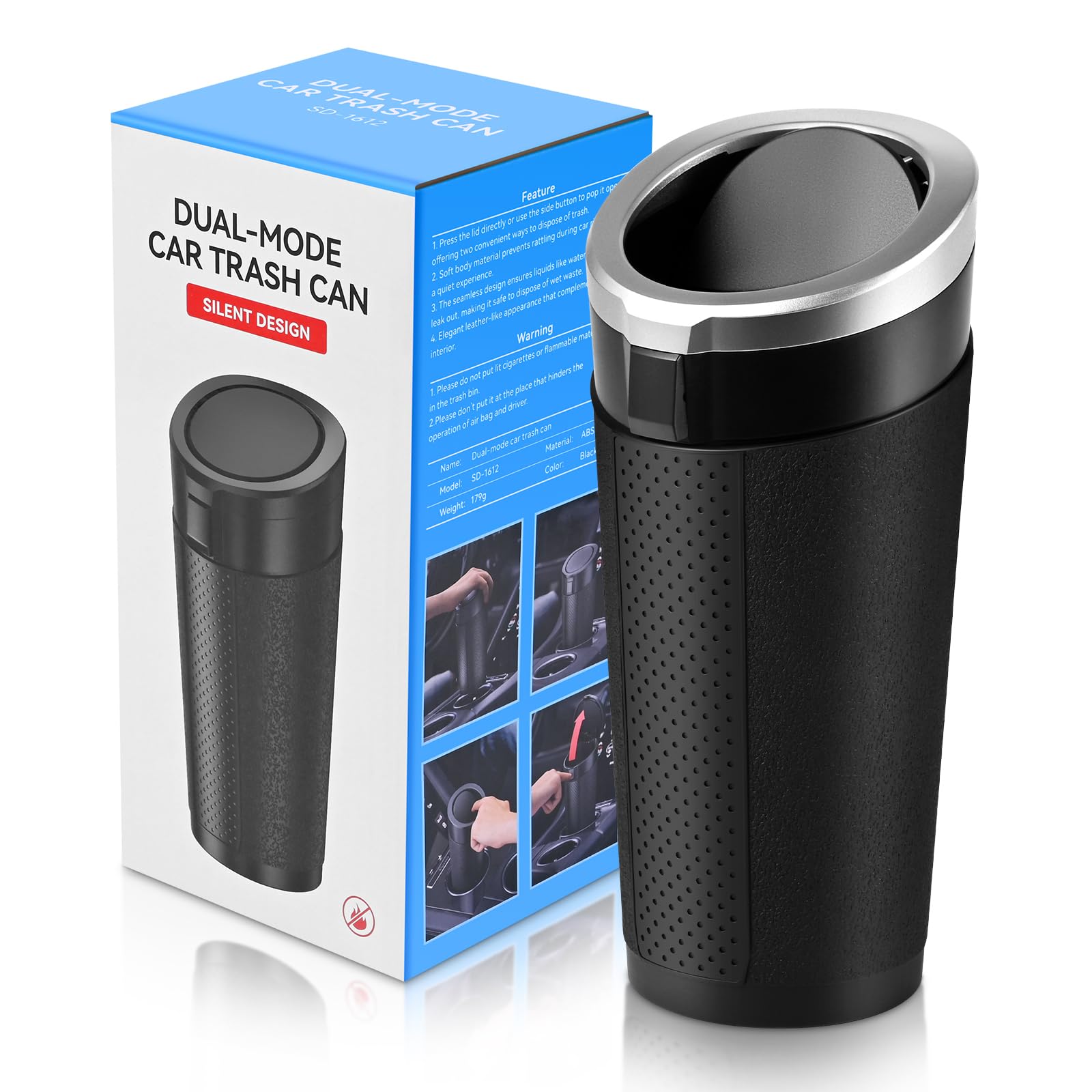 Photo 1 of Car Trash Can Bin with Lid, Mini Leakproof Garbage Can for Vehicle, Cup Holder Trash Can, Small Trash Bin for Cars, Home, Bedroom, Office(Silver 01)