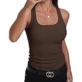 GEMBERA Womens Ribbed Knit Square Neck Racerback Sleeveless Fitted Basic Work Out Tank Top Shirt