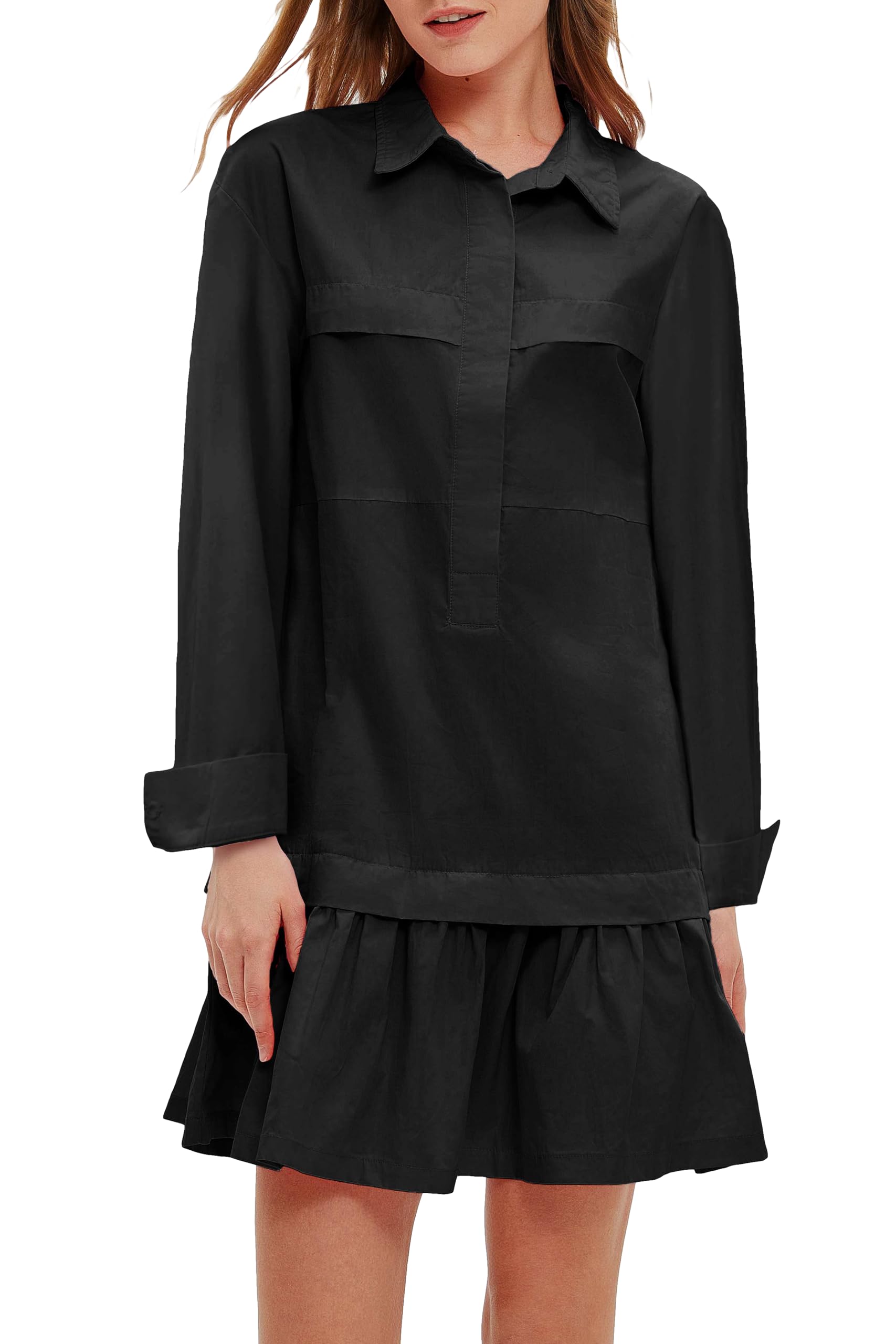Photo 1 of Size L YEXPINE Women's Cotton Drop Waist Ruffle Hem Shirt Dress Long Sleeve Button Down Tunic Dress with Pockets Black