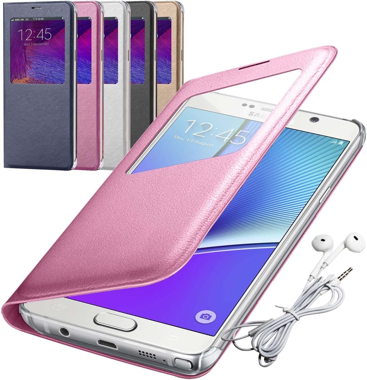 Rasfox Galaxy Note 5 Case, Luxury Leather Smart S View Flip Cover Folio Case & Free Geometry Earphone with Mic For Samsung Galaxy Note 5 (Pink)
