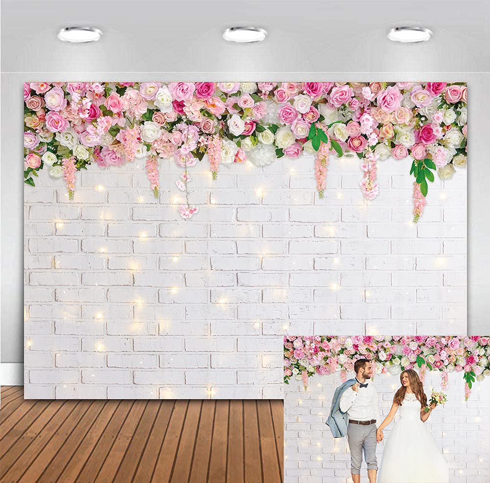 Flower Wall Backdrop Glitter White Brick Wall Flowers Photography Background Valentine Mother's Day Wedding Bridal Baby Shower Birthday Party Spring Theme Decor Photo Booth Prop 8x6FT