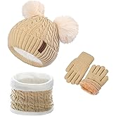 Kids Winter Beanie Scarf Gloves Set with 2 Pompom - Thermal Thick Fleece Lined Hat, Neck Warmer & Mittens for 1-10 Boys Girls
