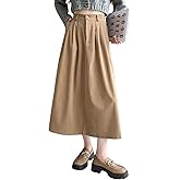 chouyatou Women's Vintage Corduroy A Line Skirt High Elastic Waist Pleated Swing Midi Long Skirt with Pockets