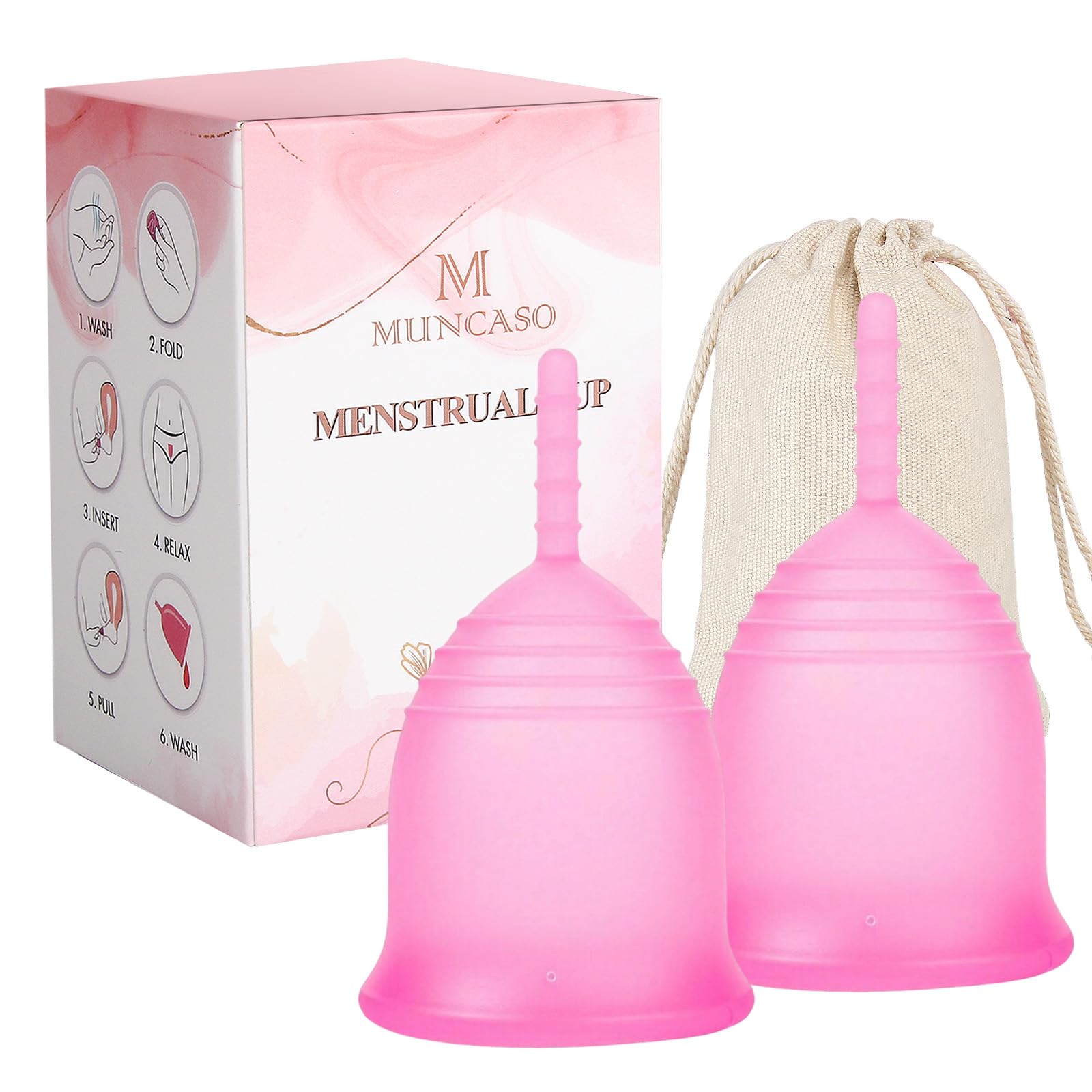 M MUNCASO Menstrual Cups, 2Pcs Reusable Period Cup Most Comfortable Period Cups for Women Super Soft and Flexible Best Sensitive Cup with Size Small and Large (Pink, L)