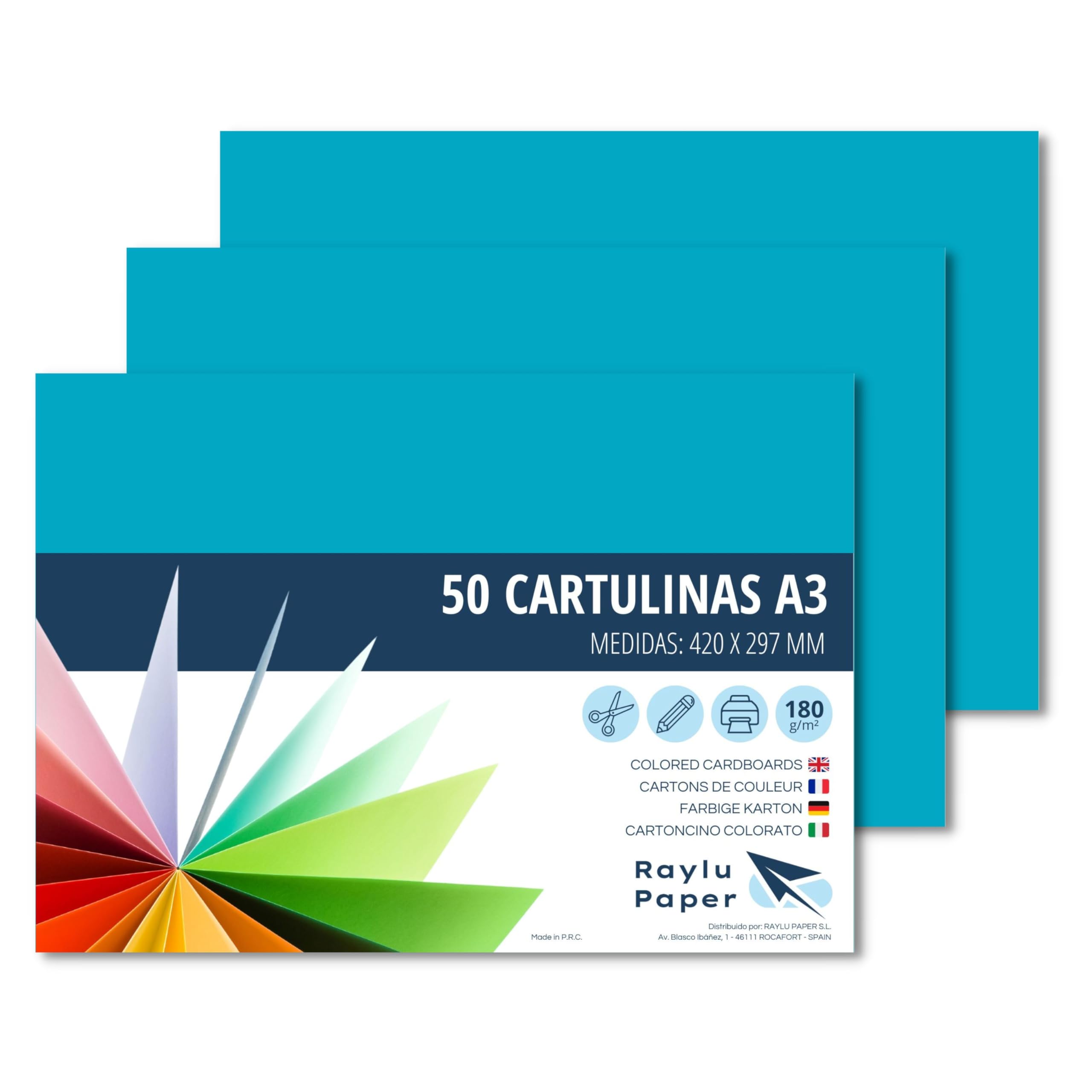 RAYLU Paper Coloured Paper A3, Pack of 50 Cardboard Paper 180g/m², 297 x 420 mm, Professional Coloured Cardboard Boxes for Office, Copy Paper, Colourful Paper for Crafts (Turquoise)