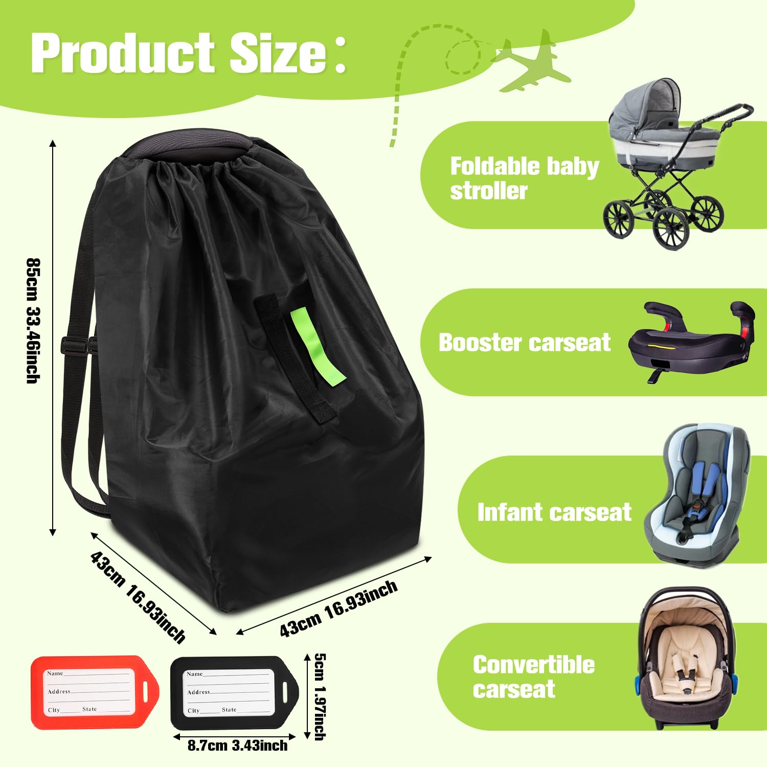 Car Seat Bags For Airplane Travel, Durable Carseat Cover For Air Travel Car Seat Travel Bag with Shoulder Straps and 2pcs Luggage Tags For Airplane