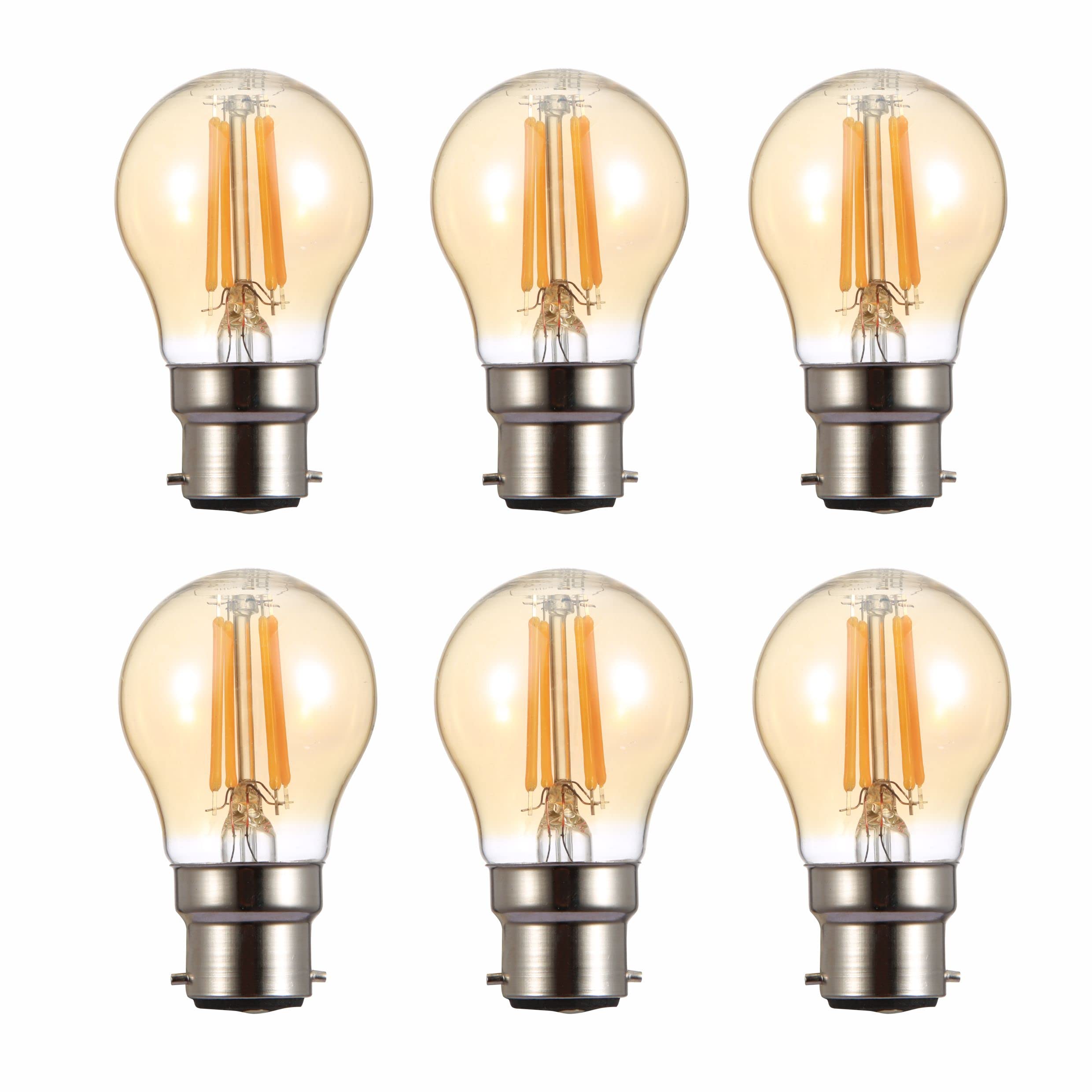 TEKLED® G45 Golf Ball Filament Vintage LED Bulbs | B22 Bayonet Cap | Energy Saving 4W Light Bulb 35W Equivalent | NONDIMMABLE Amber 2400K 410LM | 6-Pack | Warm White