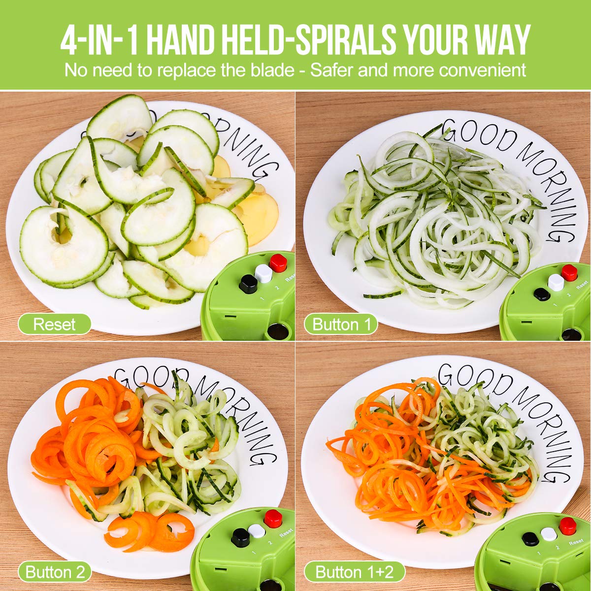 Vegetable Spiralizer ACTOPP Spiral Slicer Green Vegetable Cutter Small and Lightweight Hand Held Spiralizer Creats Continuous Noodles for Zucchini Cucumber Carrot Pumpkin (Green)