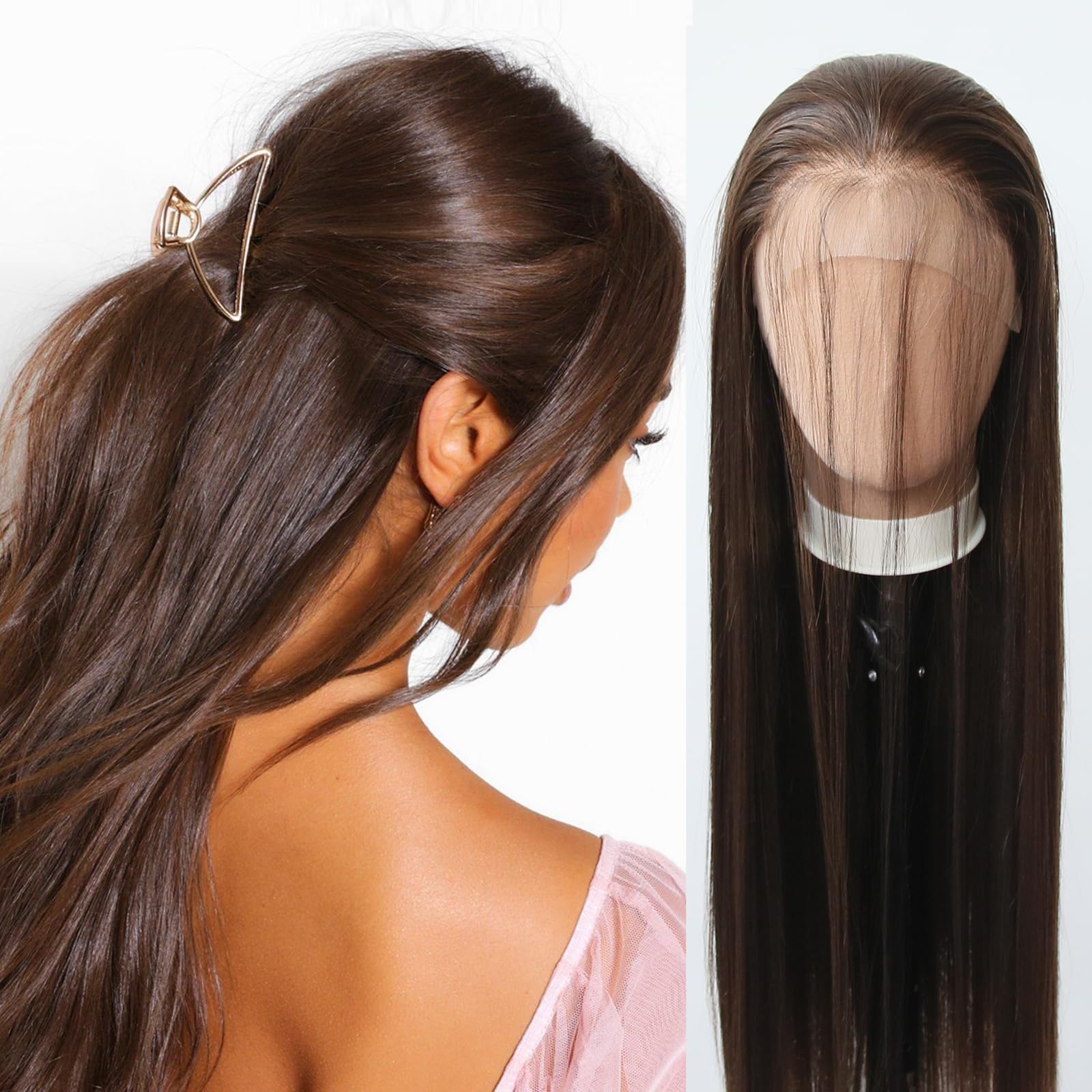 Towarm Black Brown Wig Long Straight Synthetic Lace Front Wigs for Women 1B Mix #30 Pre Plucked with Baby Hair Glueless 13x3.5inch Hand Tied Natural Hairline Cosplay Daily Wear Wig