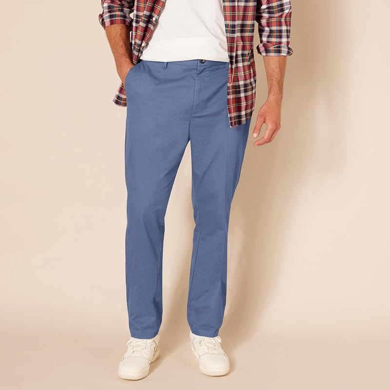 Pantaloni Chino da Lavoro da Uomo Anti-Piega e Senza Pince, vestibilità Aderente, Indaco, 30W / 30L