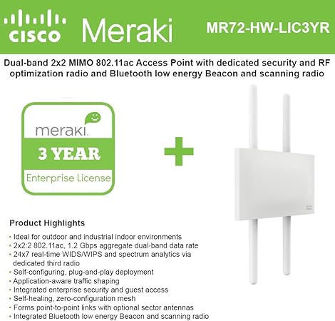 Amazon Com Cisco Meraki Mr72 Dual Band 3 Radio 802 11ac 2x2 Mimo Outdoor Access Point With 3 Years Enterprise License 4 N Type Omni Ant Computers Accessories