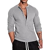 Muscle Cmdr Men's Waffle Henley Shirts Long Sleeve T-Shirt Stylish Casual 5 Button Placket Slim Fit Tee Thermal Underwear