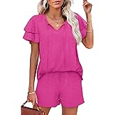 WIHOLL Summer Outfits for Women 2 Piece Short Sleeve V Neck Lounge Sets Casual