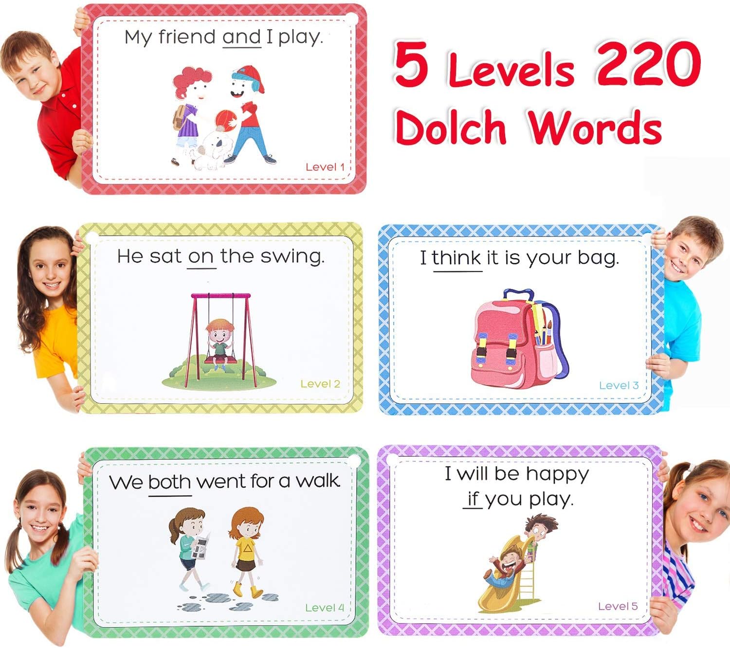 Gamenote Sight Words Flash Cards with Pictures & Sentences - 220 Dolch Big Word Reading Flash Card from Pre K to 3rd Grade (Include 5 Rings): Toys & Games