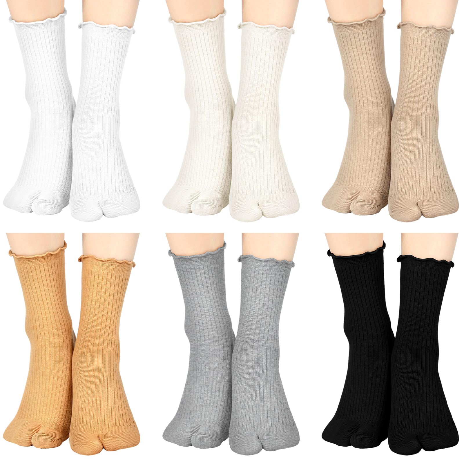 Photo 1 of Bencailor 6 Pairs Tabi Split Toe Socks Ruffle Frilly Tabi Socks Elastic Cotton Sandal Socks for Men Women (Gray, Khaki, Beige, White, Black, Yellow)