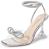 DREAM PAIRS Stiletto Bow Heels for Women Strappy Sparkly Rhinestone Square Toe Clear Crystal High Sandals for Party Wedding
